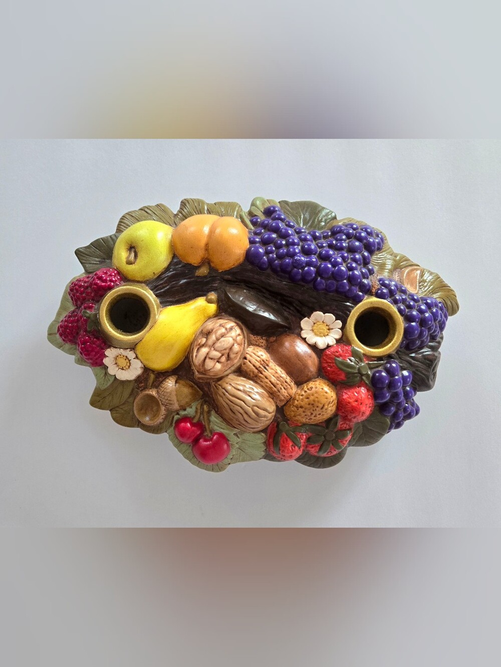Vintage Holland Mold Ceramic Fruit Nut Double Candle Holder Centerpiece